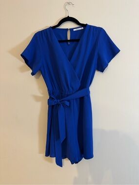 Blue Wrap Romper with Tie Waist